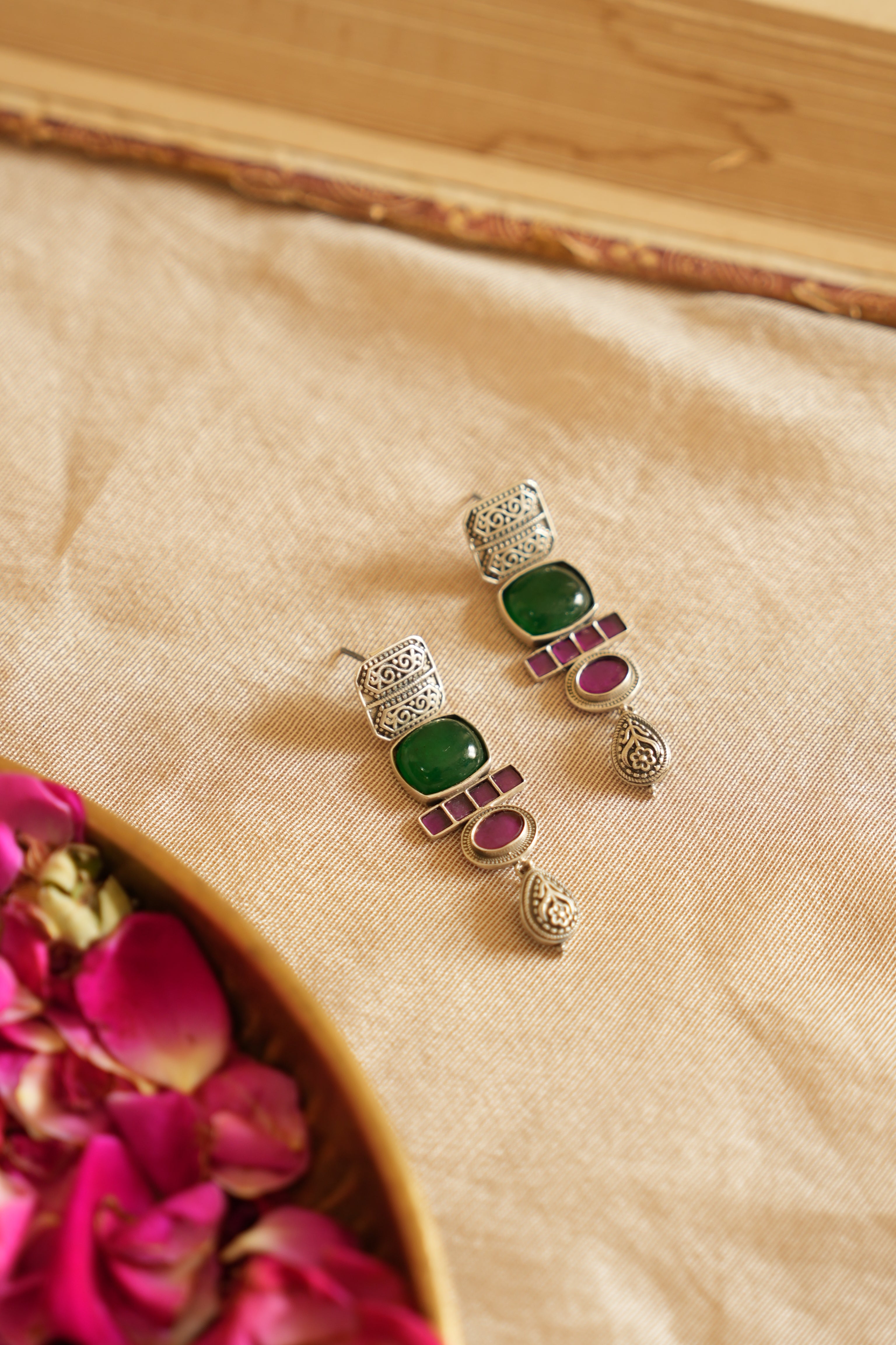 Geometric Gemstone Oxidised Silver Earring